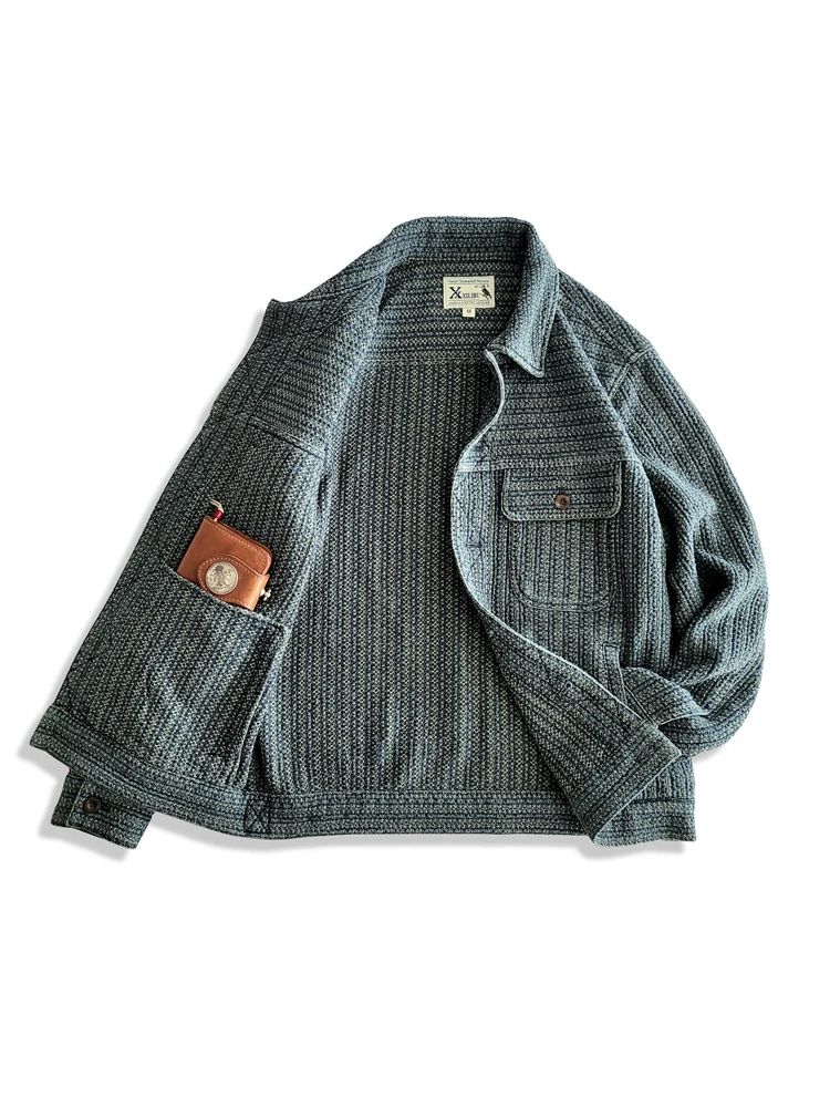 Retro Gaming Jacket - Amekaji Wear Kleding Heren Honingraatstrepen Denim
